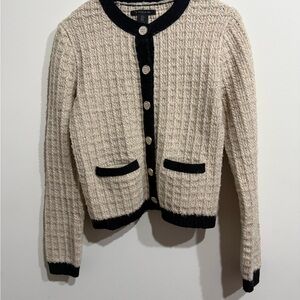 Tahari Cream and Black Textured Knit Cardigan with Gold Buttons